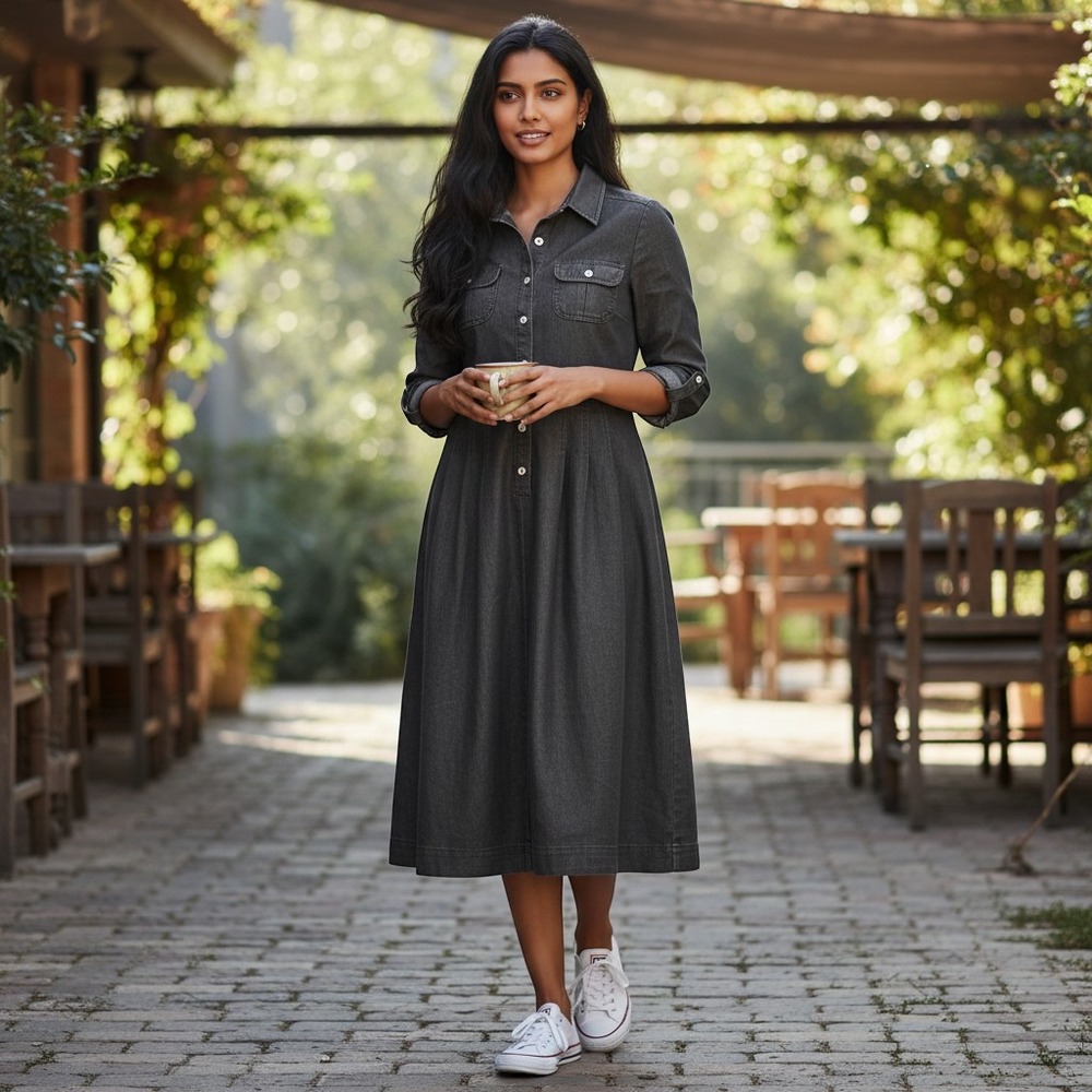 Womens Dress Size 8 Black Denim Shirtdress Long Sleeve Button Casual Utility